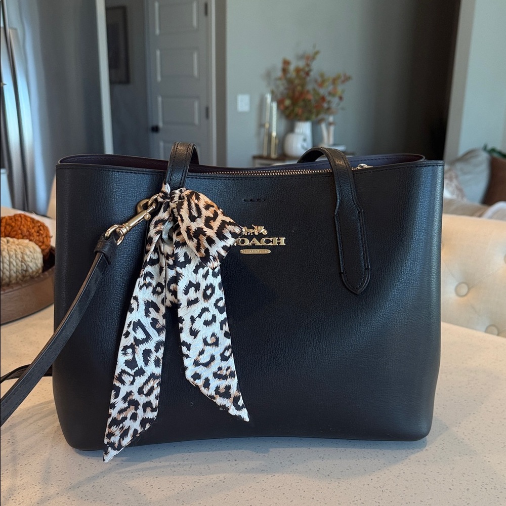 Coach Black Tote with Leopard Scarf